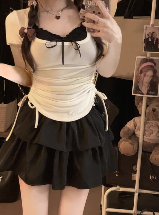 <預訂> JP 荷葉邊蝴蝶結吊帶背心 + 抽繩短袖上衣套裝|三色入