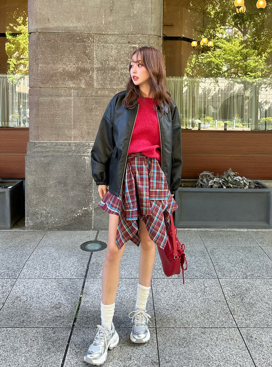 <預訂> JP 復古格紋裹身式綁帶半身短裙(含打底)|兩色入