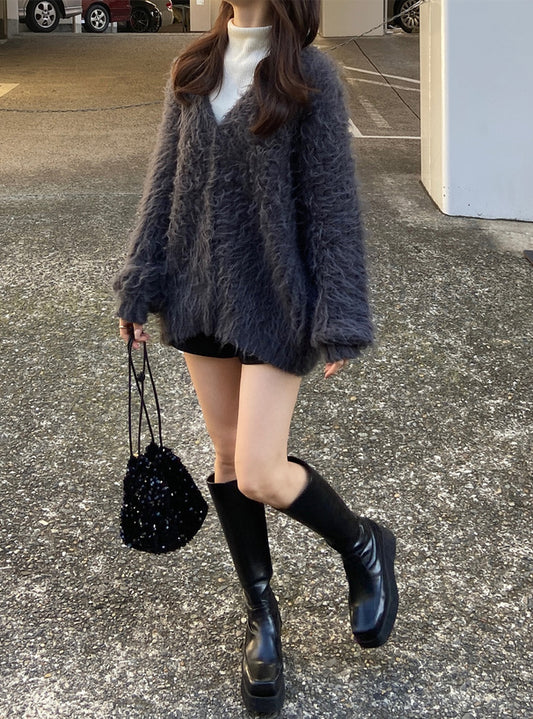 <預訂> JP 羊毛混紡毛茸茸針織開胸外套|三色入