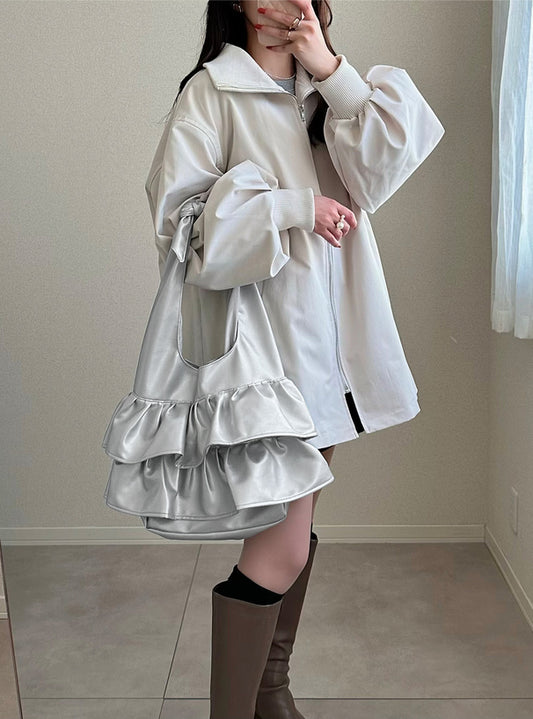 <預訂> 皮革蝴蝶結褶邊手提袋|三色入