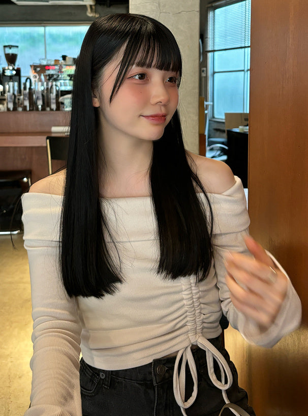 <預訂> JP 抽繩蝴蝶結喇叭袖露肩上衣|三色入
