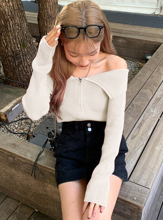 <預訂> JP Y2K 小露肩雙拉鍊針織長袖上衣|三色入