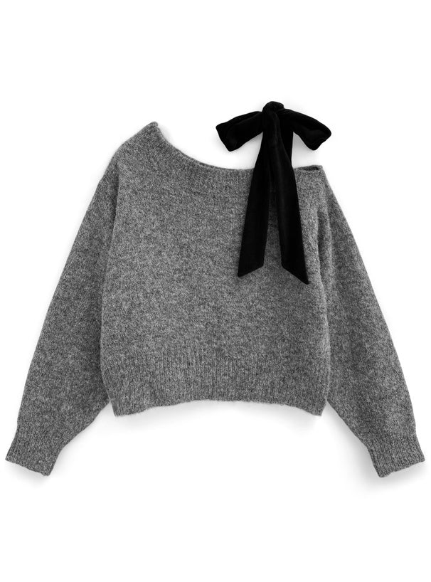 <預訂> 絲絨緞帶單肩針織上衣|四色入