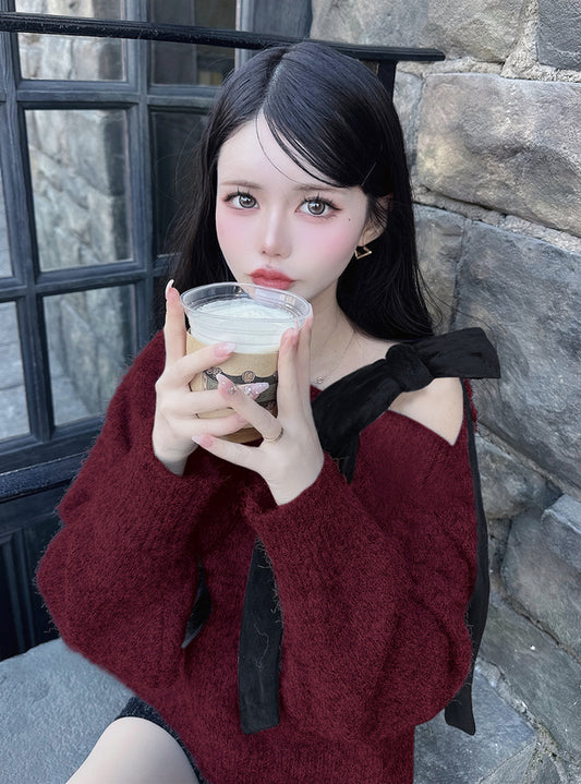 <預訂> 絲絨緞帶單肩針織上衣|四色入