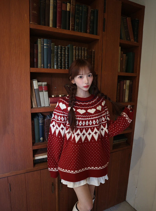 <預訂> 同心心型印花提花針織上衣|三色入