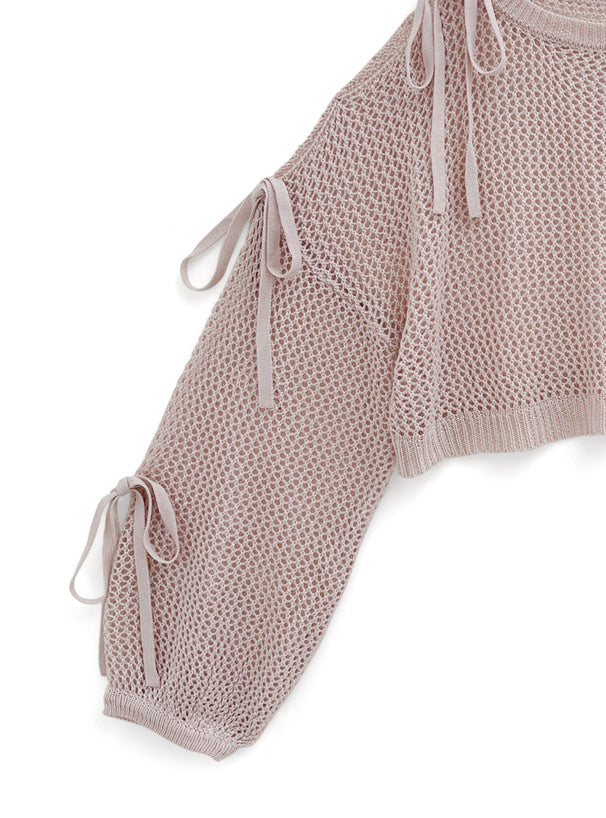 <預訂> JP 鏤空網眼三重綁帶針織長袖上衣|三色入