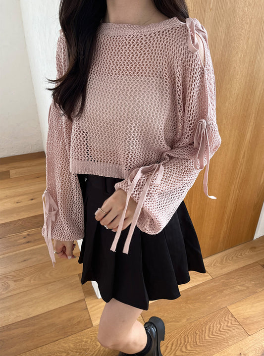 <預訂> JP 鏤空網眼三重綁帶針織長袖上衣|三色入