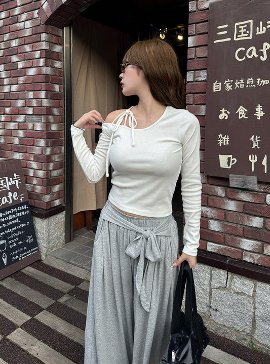 <預訂> JP 蝴蝶結單肩圈布羅紋上衣|三色入