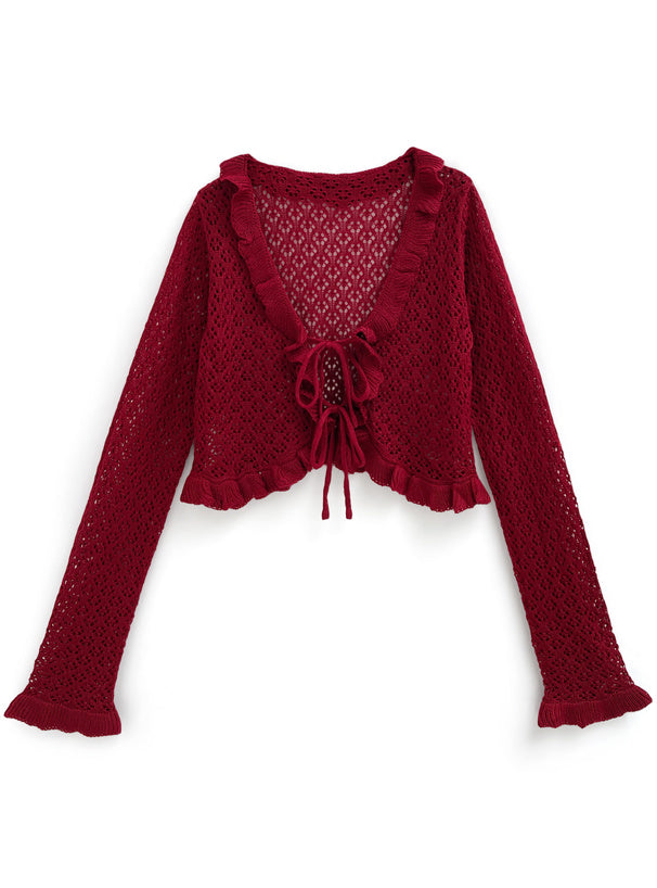 <預訂> JP 鏤空蝴蝶結荷葉邊開胸外套|三色入