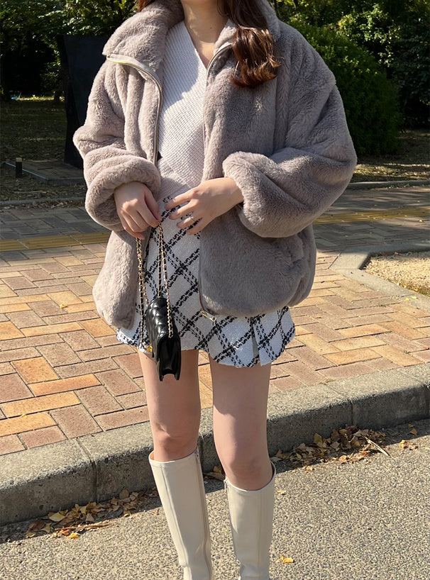 <預訂> 毛茸茸毛皮立領中長款外套|兩色入