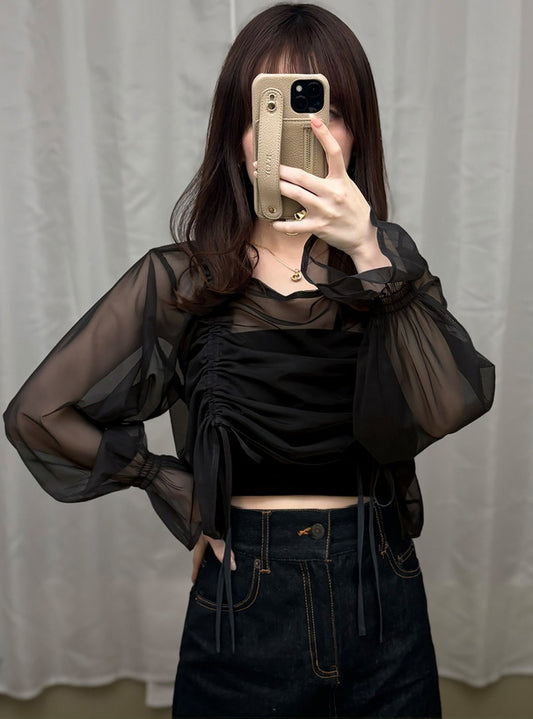 <預訂> JP 蓬鬆抽繩糖果袖外搭長透上衣|三色入