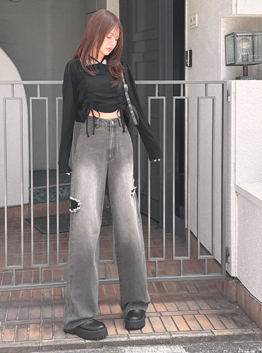 <預訂> 側開衩蕾絲牛仔褲