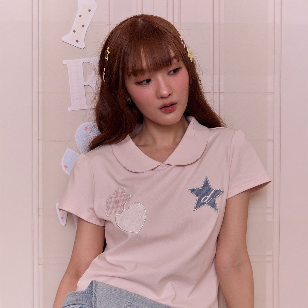 <預訂> 泰國小眾品牌🇹🇭 彼得潘領愛心+星星+花朵拼接上衣 | 兩色入