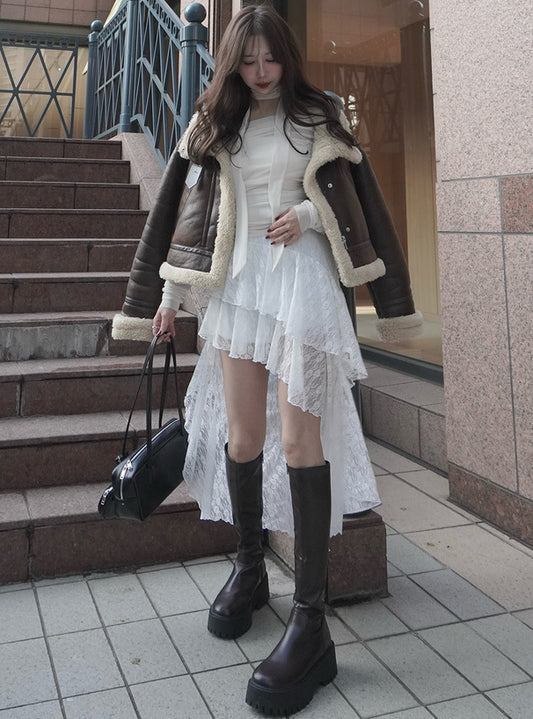 <預訂> JP 蕾絲前後下擺雙向半身短裙兩件套|兩色入