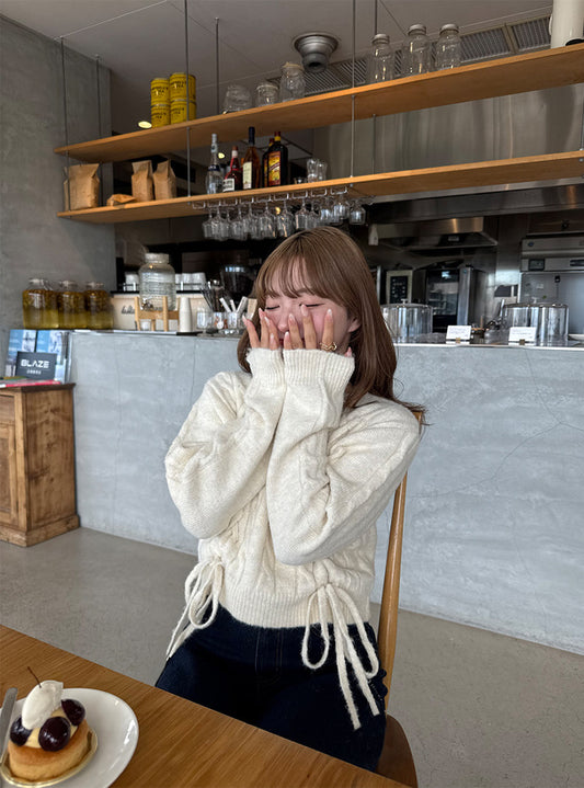 <預訂> 繫帶緞帶麻花針織上衣|五色入