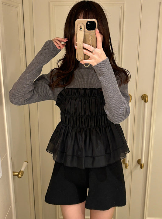 <預訂> JP 背面綁帶背心馬甲 + 羅紋針織上衣套裝|兩色入