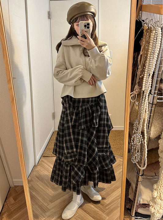 <預訂> JP 格紋不對稱分層半身長裙