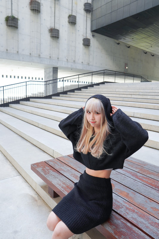 <預訂> 針織拉鍊連帽上衣+針織短裙兩件套套裝|三色入