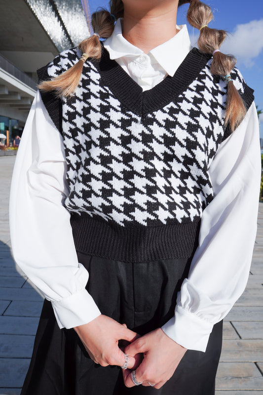 <預訂> JP 懶人套裝!千鳥格紋背心馬甲 + 長袖裇衫兩件套