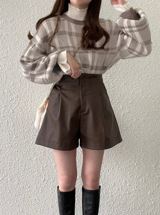 <預訂> JP 格紋泡泡袖寬鬆針織長袖上衣|兩色入