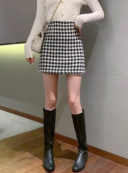 <預訂> JP 千鳥格紋半身高腰短裙(含打底)|兩色入
