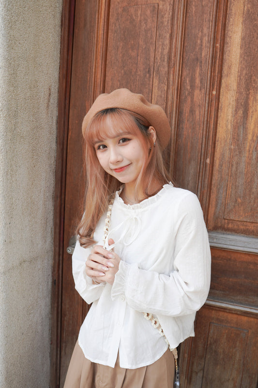 <現貨> 自家製 大熱首推!娃娃領花花手袖開胸雪紡長袖上衣