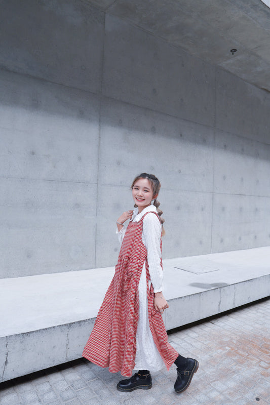 <預訂> 自家造貨 四季OK!格仔外搭開叉綁帶連身長裙|兩色入