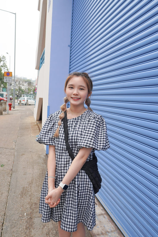 <預訂> 自家造貨優惠!Cookies&Cream格仔泡泡袖連身短裙