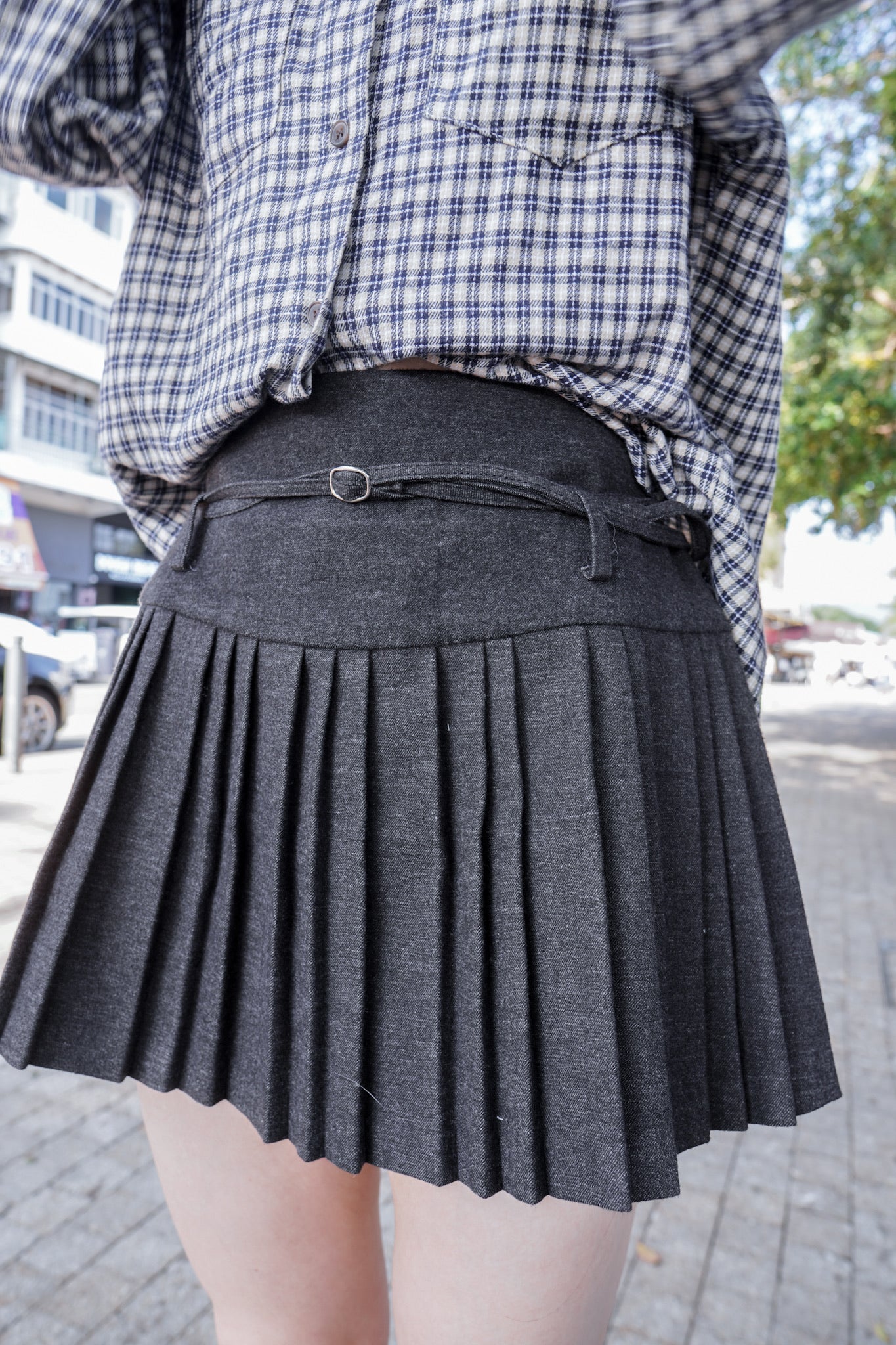 <現貨> 自家製 學院風高腰毛呢半身短裙+腰帶兩件套｜兩色入