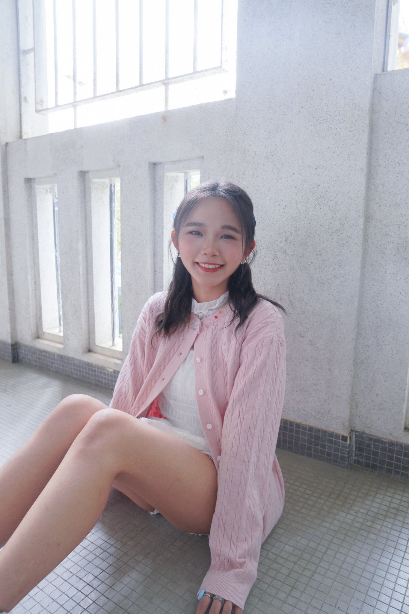 <現貨> 超可愛糖果色～棉花中長款花朵扣麻花開胸外套｜淺粉