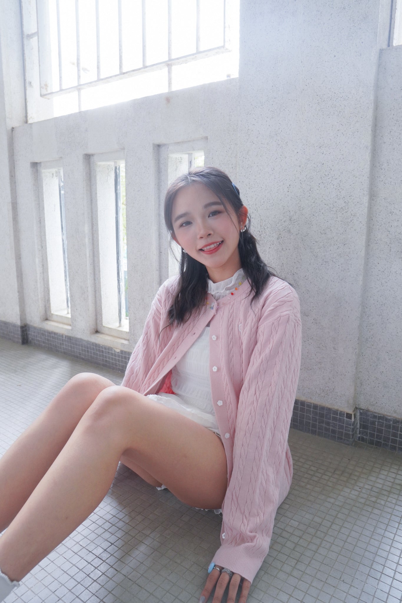 <現貨> 超可愛糖果色～棉花中長款花朵扣麻花開胸外套｜淺粉