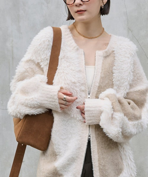 <預訂> 日本大人氣♡日牌 Mono Mart 2-Ways 毛茸茸蓬鬆混色雙拉鍊針織開胸外套｜四色入