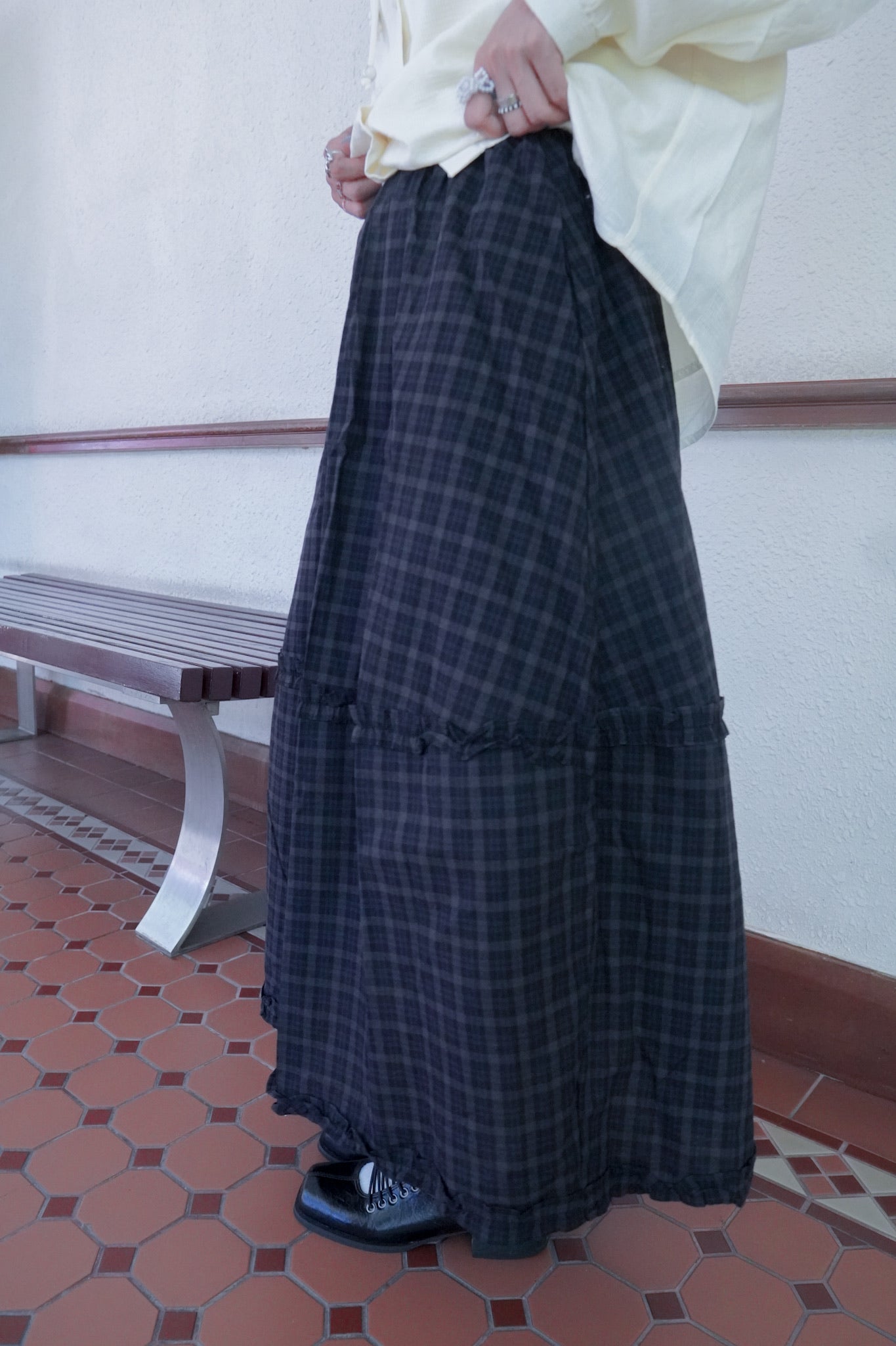 <預訂> 復古格紋花邊半身長裙