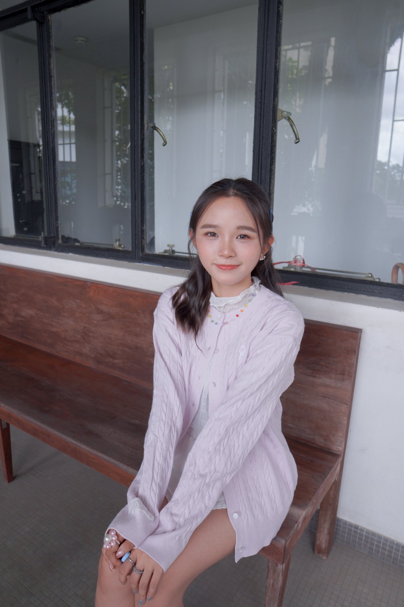 <現貨> 超可愛糖果色～棉花中長款花朵扣麻花開胸外套｜薰衣草紫