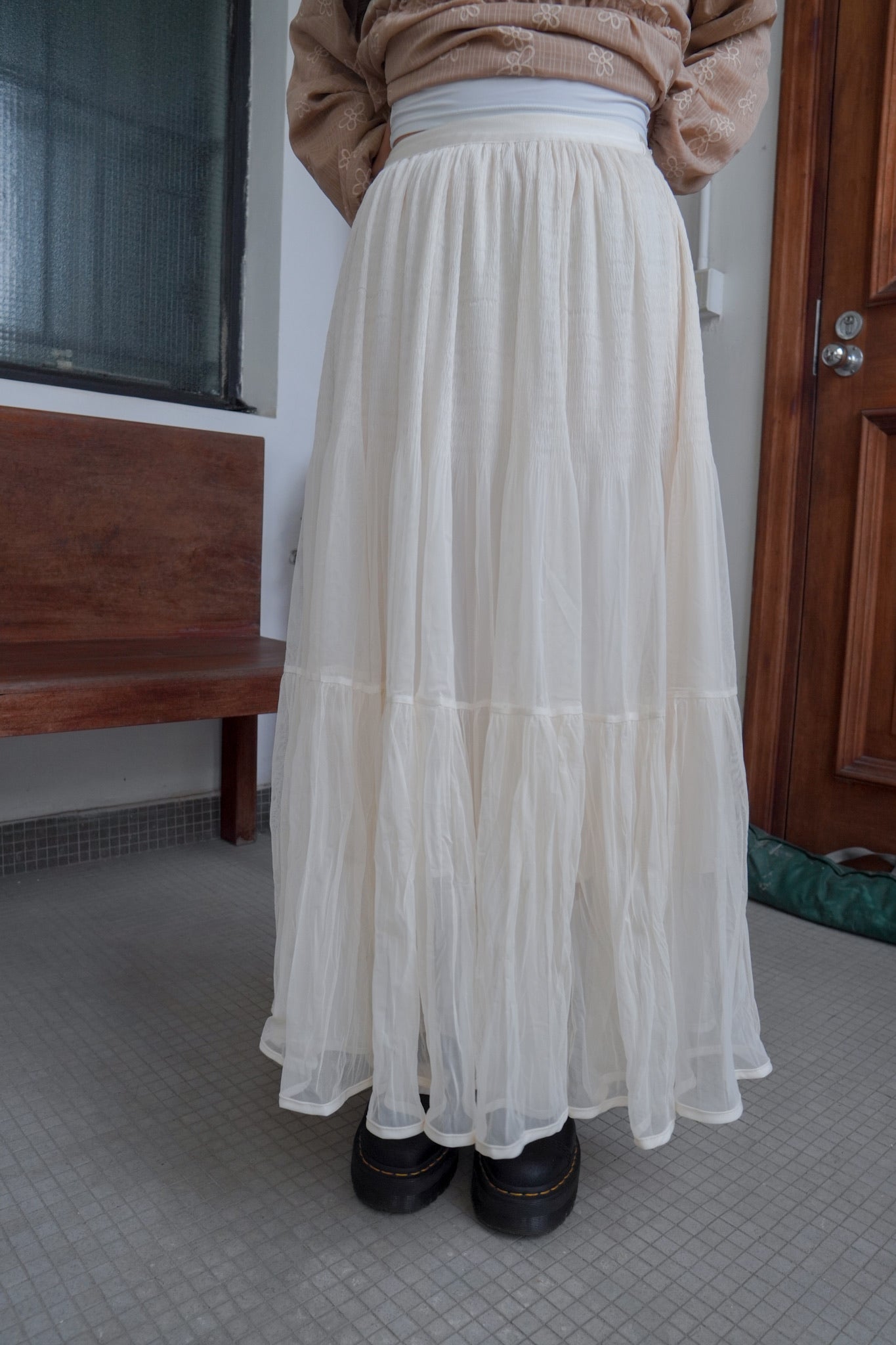 <現貨> 自家製 飄逸感大讚！復古兩層紗質皺褶秋冬A字長裙