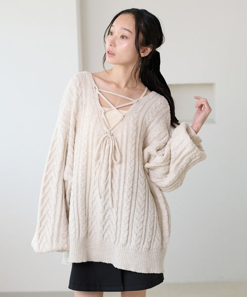 <預訂> 日本大人氣♡日牌 Apres Jour 2-Ways 繫帶麻花針織上衣｜三色入