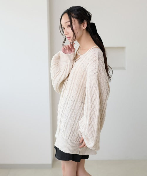 <預訂> 日本大人氣♡日牌 Apres Jour 2-Ways 繫帶麻花針織上衣｜三色入