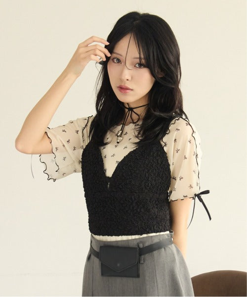 <預訂> JP Kutir 薄紗混色蝴蝶結袖短袖上衣｜六色入