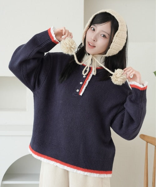 <預訂> 日本直送🇯🇵Kutir 撞色星星鈕扣蕾絲亨利領針織上衣｜六色入