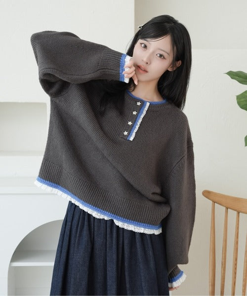 <預訂> 日本直送🇯🇵Kutir 撞色星星鈕扣蕾絲亨利領針織上衣｜六色入