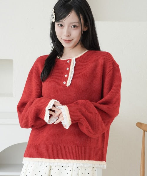 <預訂> 日本直送🇯🇵Kutir 撞色星星鈕扣蕾絲亨利領針織上衣｜六色入