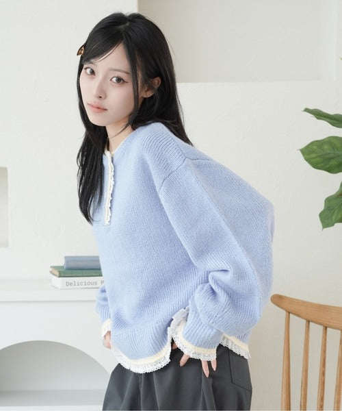 <預訂> 日本直送🇯🇵Kutir 撞色星星鈕扣蕾絲亨利領針織上衣｜六色入