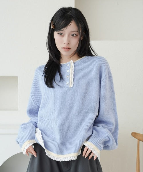 <預訂> 日本直送🇯🇵Kutir 撞色星星鈕扣蕾絲亨利領針織上衣｜六色入