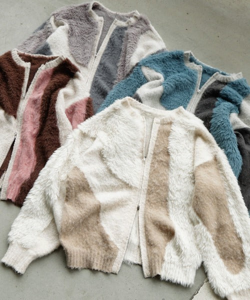<預訂> 日本大人氣♡日牌 Mono Mart 2-Ways 毛茸茸蓬鬆混色雙拉鍊針織開胸外套｜四色入