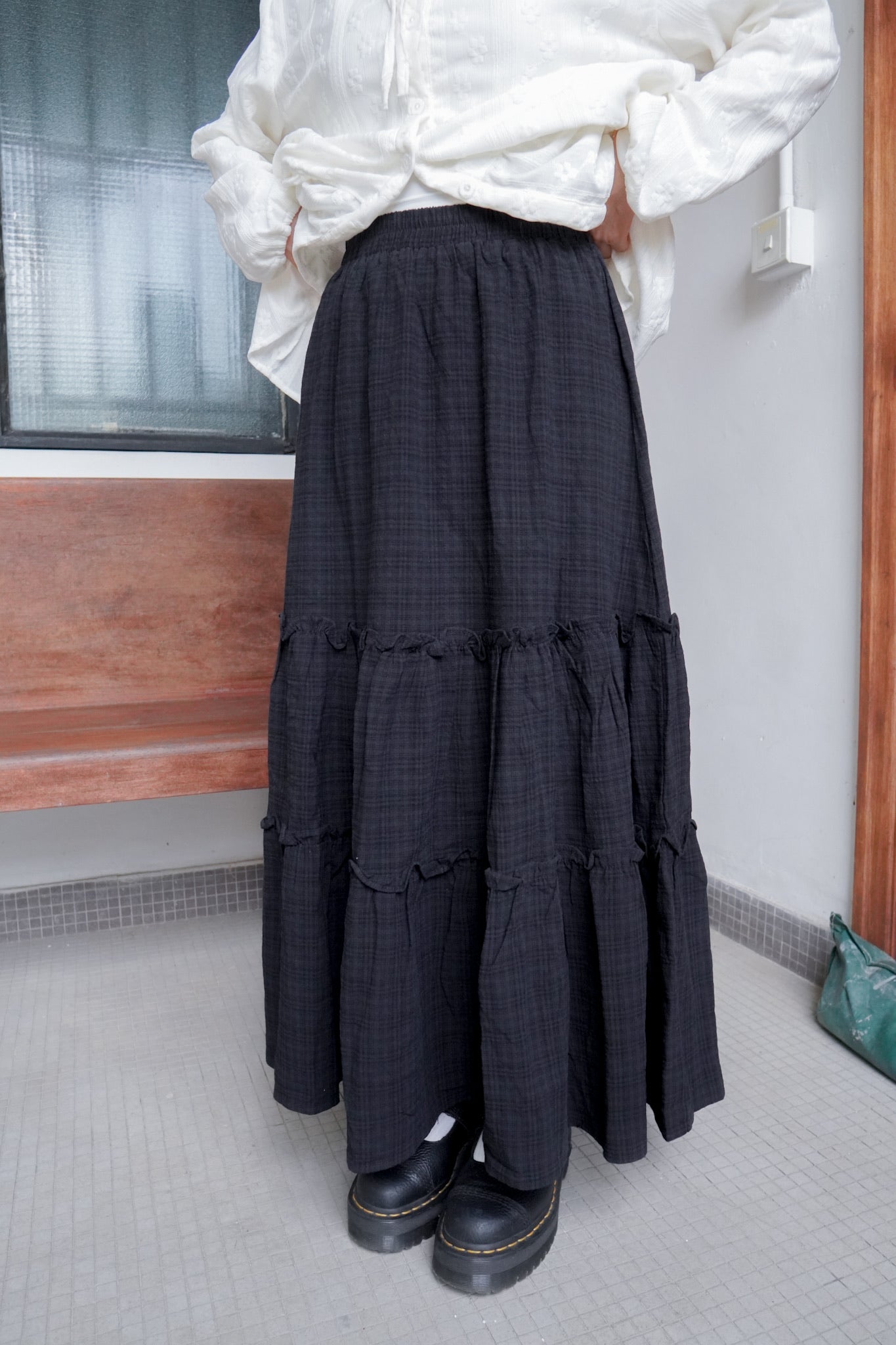<現貨> 自家製 復古格紋ruffle邊半身長裙
