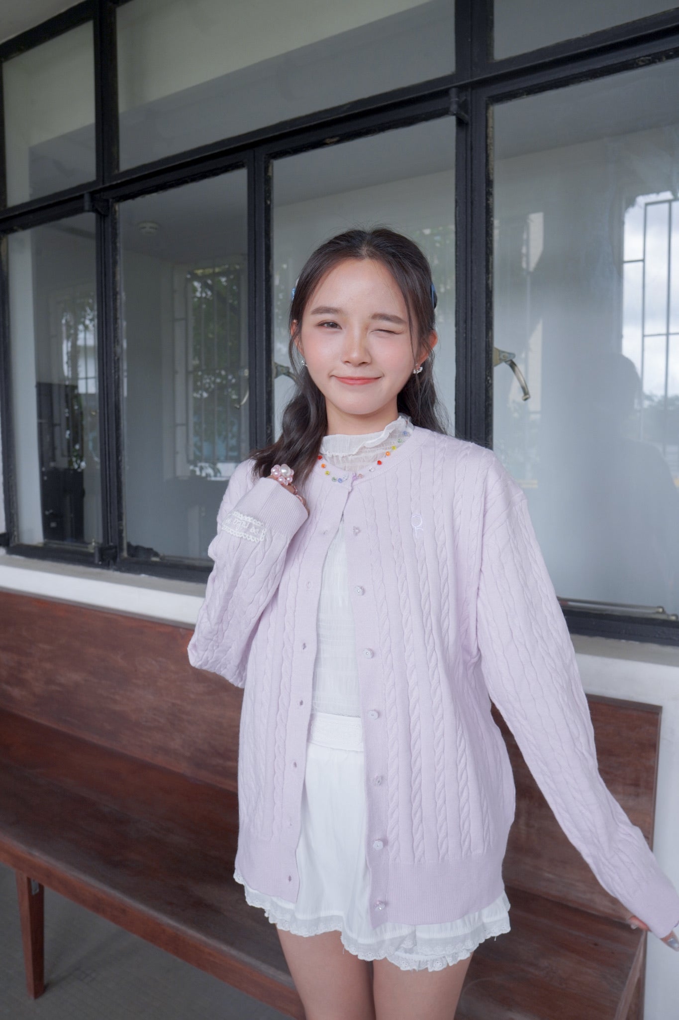 <現貨> 超可愛糖果色～棉花中長款花朵扣麻花開胸外套｜薰衣草紫