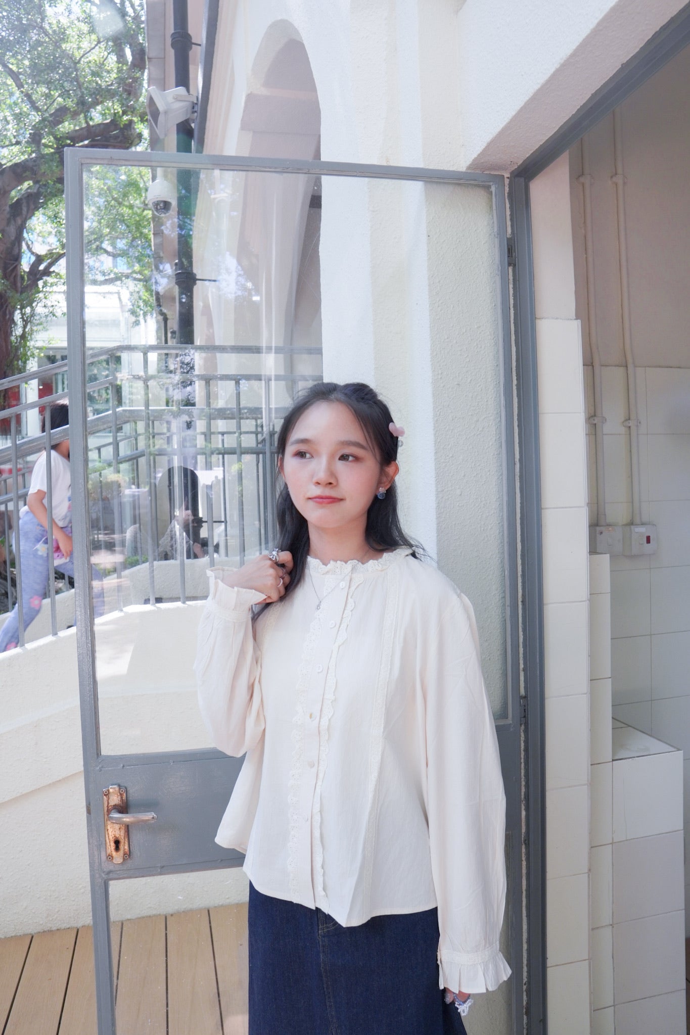 <現貨> 自家製 奶杏娃娃領蕾絲長袖裇衫