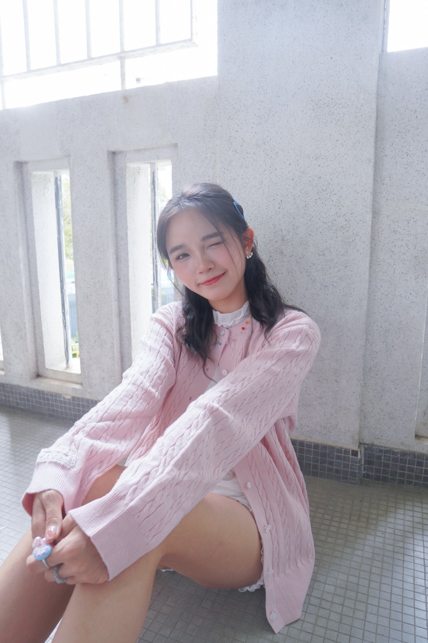 <現貨> 超可愛糖果色～棉花中長款花朵扣麻花開胸外套｜淺粉