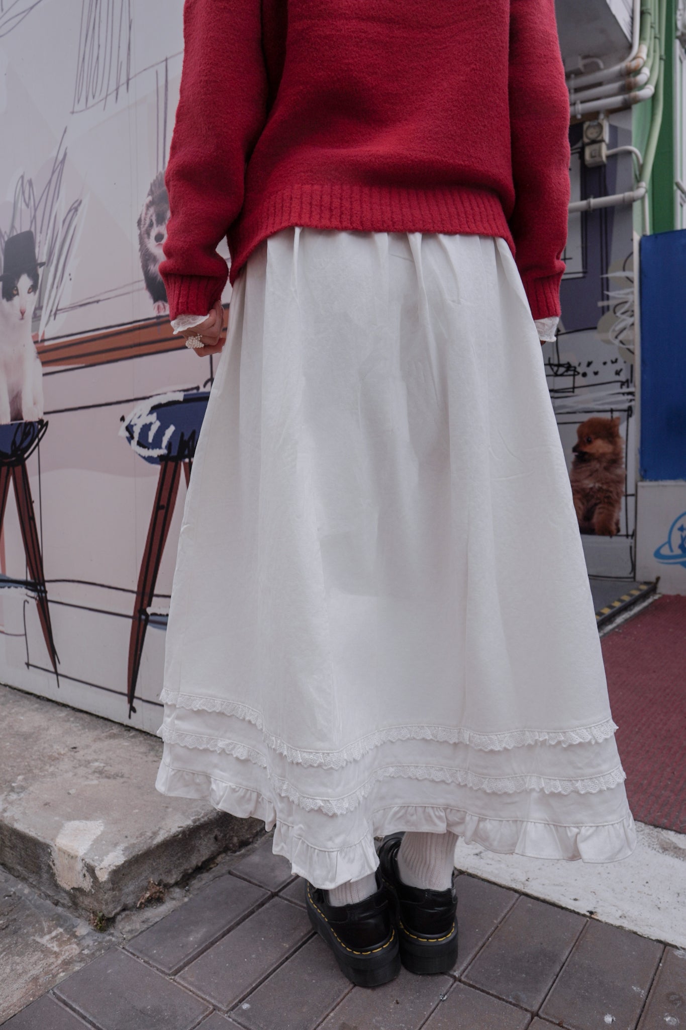 <現貨> 超舒服♡!!全棉韓系小奶白花邊半身長裙