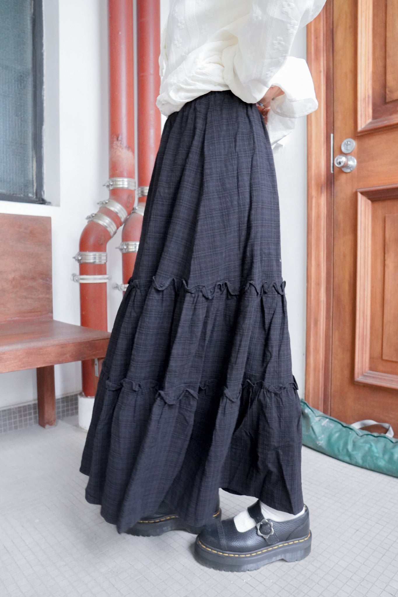 <現貨> 自家製 復古格紋ruffle邊半身長裙